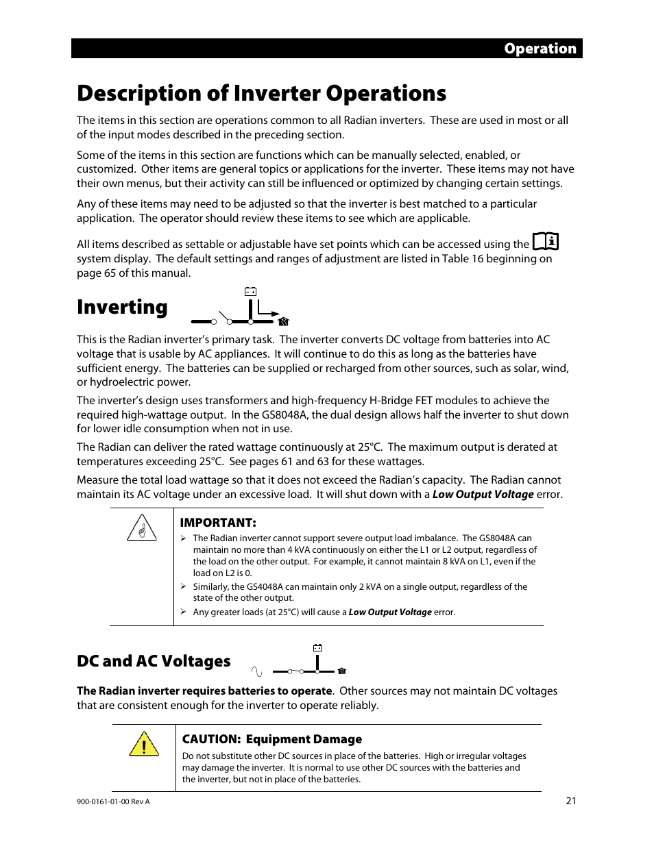 Description of inverter operations, Inverting, Dc and ac voltages | E 21, S 21 a, Operation | Outback Power Systems GS4048A Operators Manual User Manual | Page 23 / 76