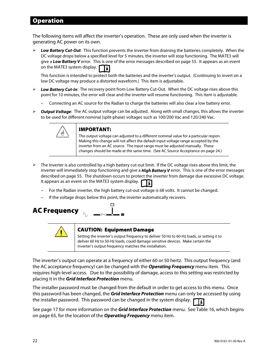 Ac frequency, Operation | Outback Power Systems GS4048A Operators Manual User Manual | Page 24 / 76