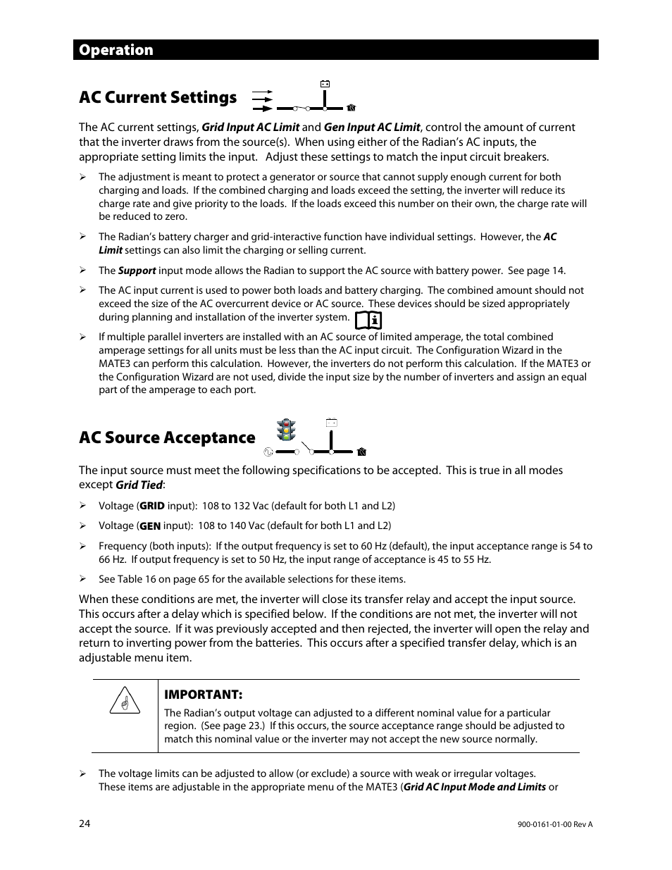 Ac current settings, Ac source acceptance, E 24, whi | E 24.), Operation | Outback Power Systems GS4048A Operators Manual User Manual | Page 26 / 76