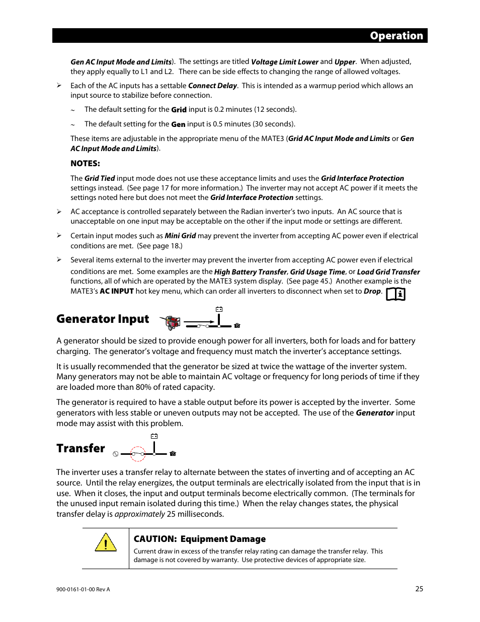 Generator input, Transfer, E 25 fo | Operation | Outback Power Systems GS4048A Operators Manual User Manual | Page 27 / 76