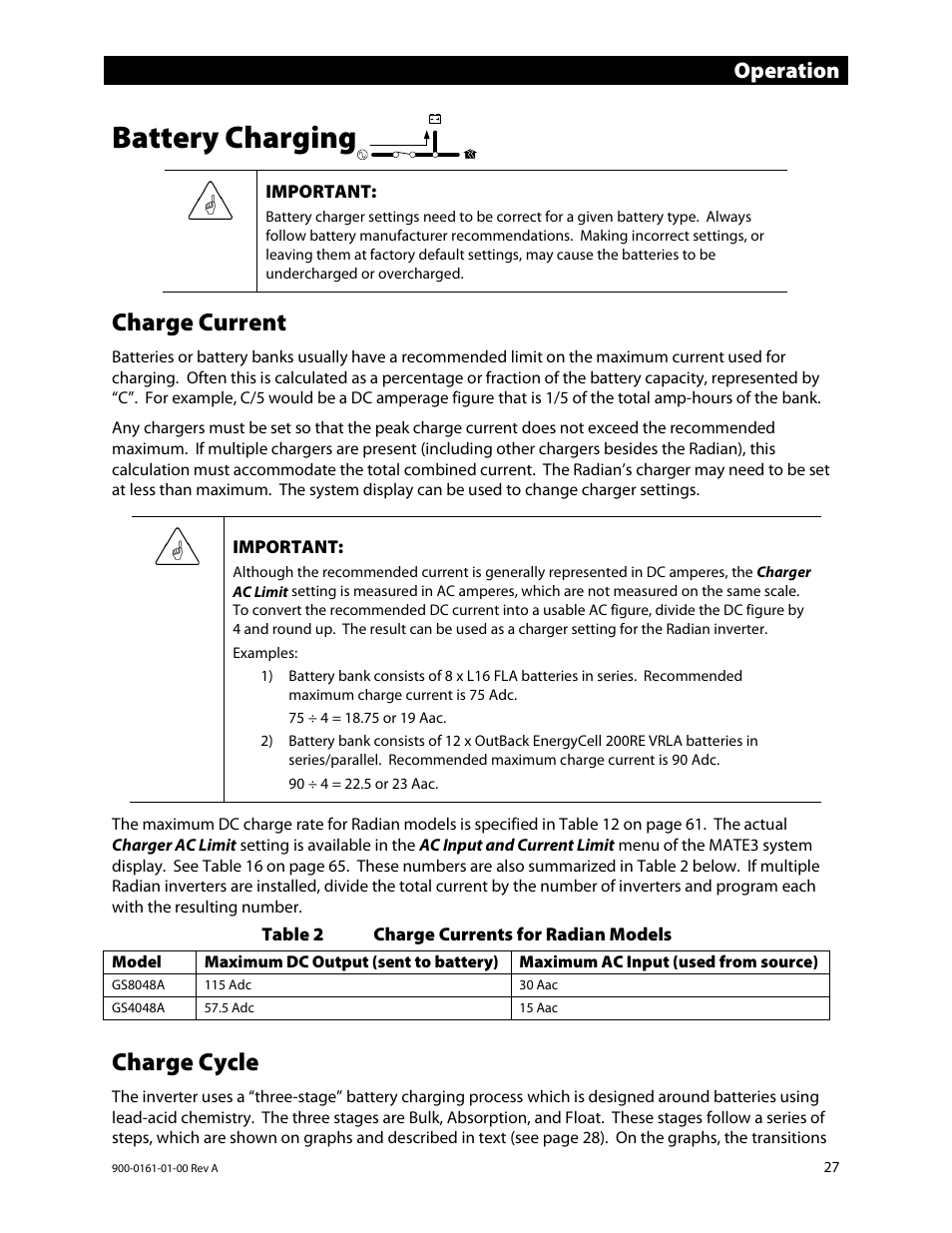 Battery charging, Charge current, Charge cycle | Operation | Outback Power Systems GS4048A Operators Manual User Manual | Page 29 / 76