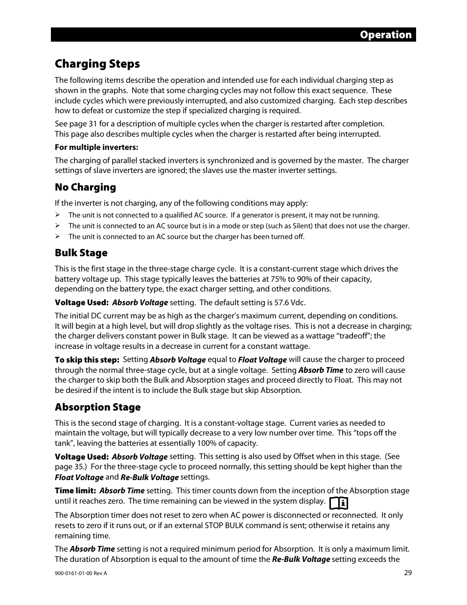 Charging steps, No charging, Bulk stage | Absorption stage, Operation | Outback Power Systems GS4048A Operators Manual User Manual | Page 31 / 76