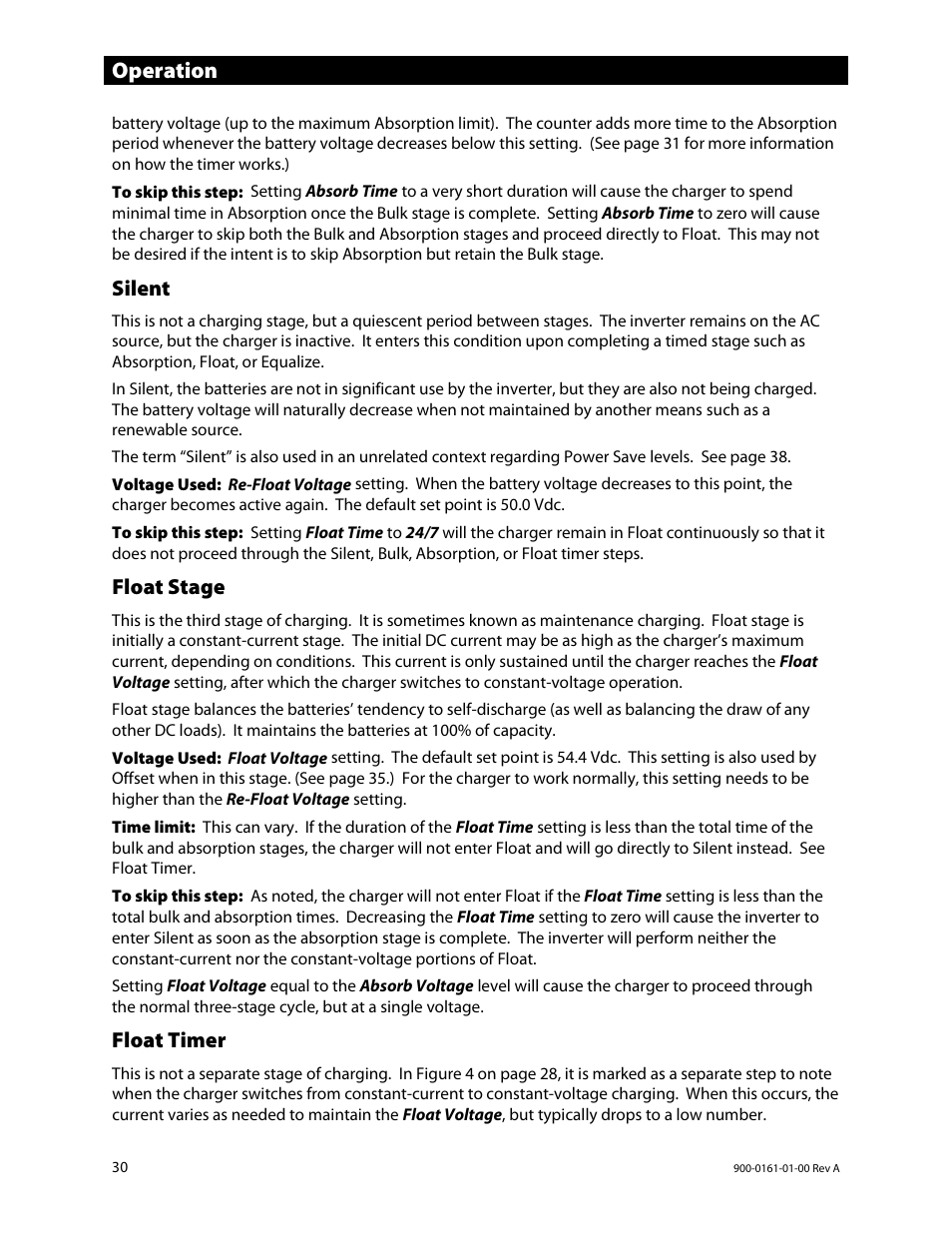 Silent, Float stage, Float timer | Operation | Outback Power Systems GS4048A Operators Manual User Manual | Page 32 / 76