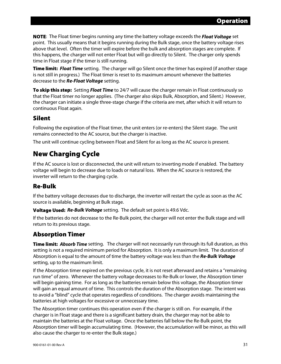 Silent, New charging cycle, Re-bulk | Absorption timer, E 31 f, Operation | Outback Power Systems GS4048A Operators Manual User Manual | Page 33 / 76