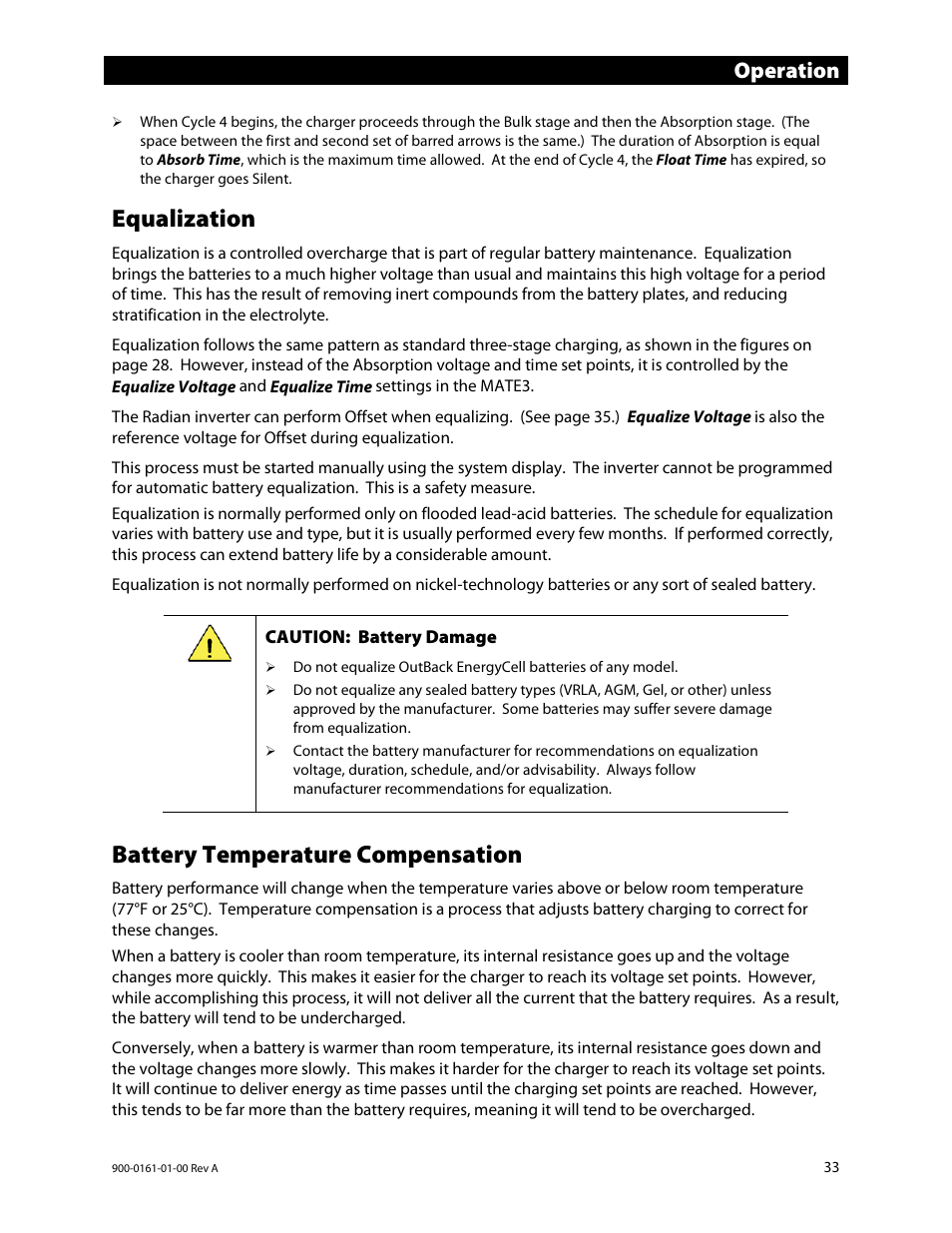 Equalization, Battery temperature compensation, Operation | Outback Power Systems GS4048A Operators Manual User Manual | Page 35 / 76