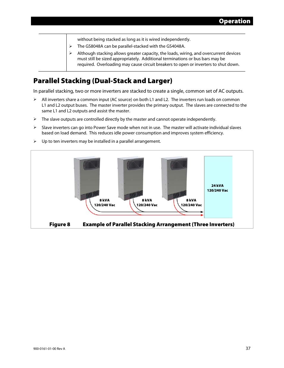 Parallel stacking (dual-stack and larger), Operation | Outback Power Systems GS4048A Operators Manual User Manual | Page 39 / 76