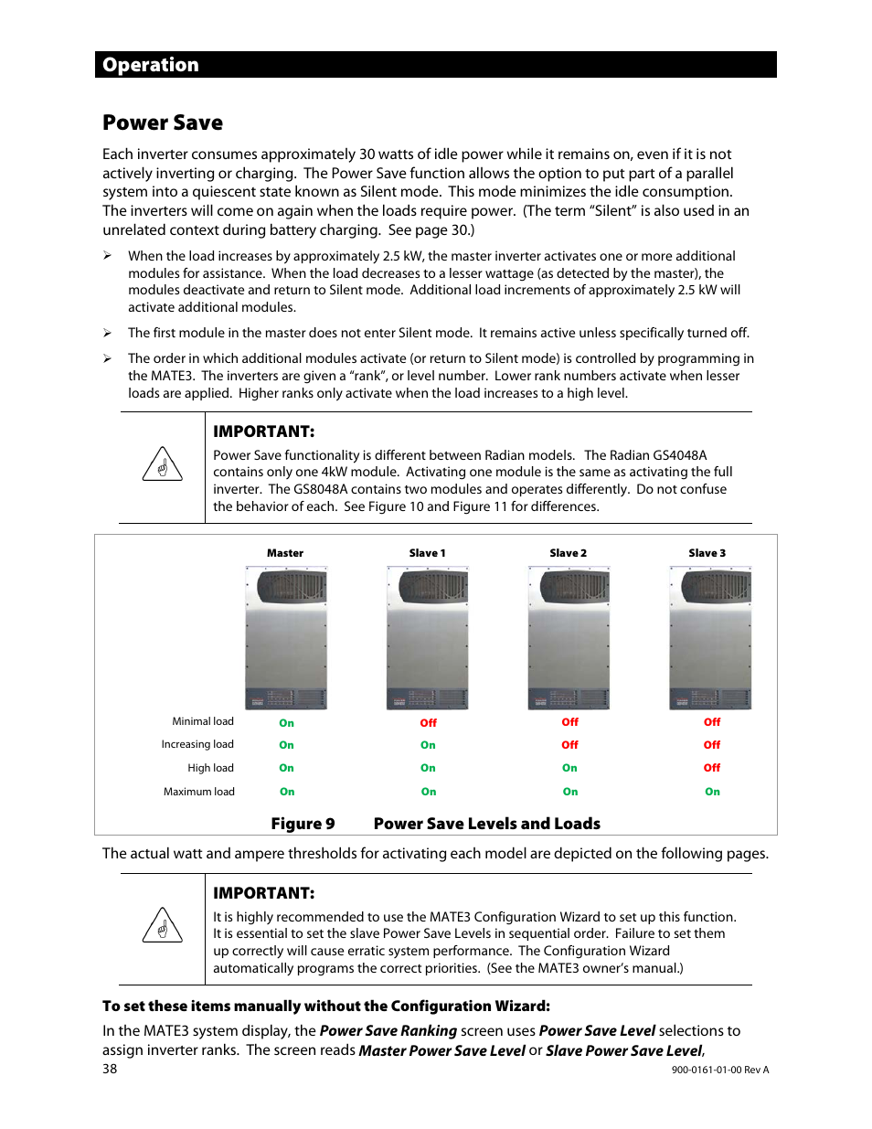 Power save, E 38, Operation | Important, Figure 9 power save levels and loads | Outback Power Systems GS4048A Operators Manual User Manual | Page 40 / 76