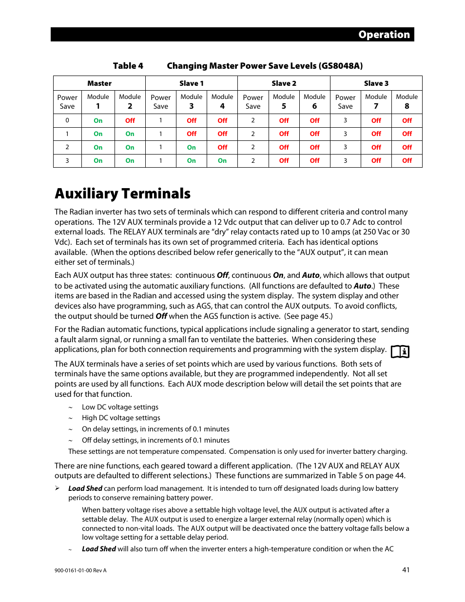 Auxiliary terminals, N table 4, Operation | Outback Power Systems GS4048A Operators Manual User Manual | Page 43 / 76