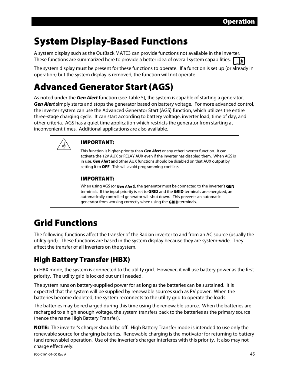 System display-based functions, Advanced generator start (ags), Grid functions | High battery transfer (hbx), Ge 45.) a, E 45.), Operation | Outback Power Systems GS4048A Operators Manual User Manual | Page 47 / 76