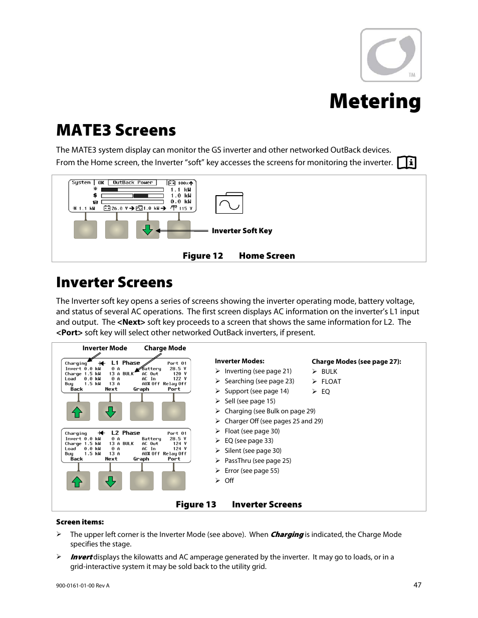 Metering, Mate3 screens, Inverter screens | Outback Power Systems GS4048A Operators Manual User Manual | Page 49 / 76