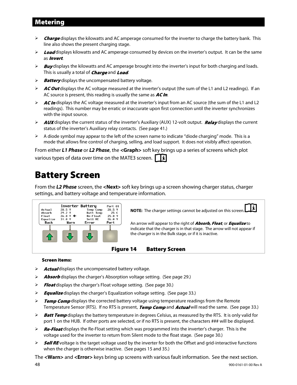 Battery screen, Metering | Outback Power Systems GS4048A Operators Manual User Manual | Page 50 / 76