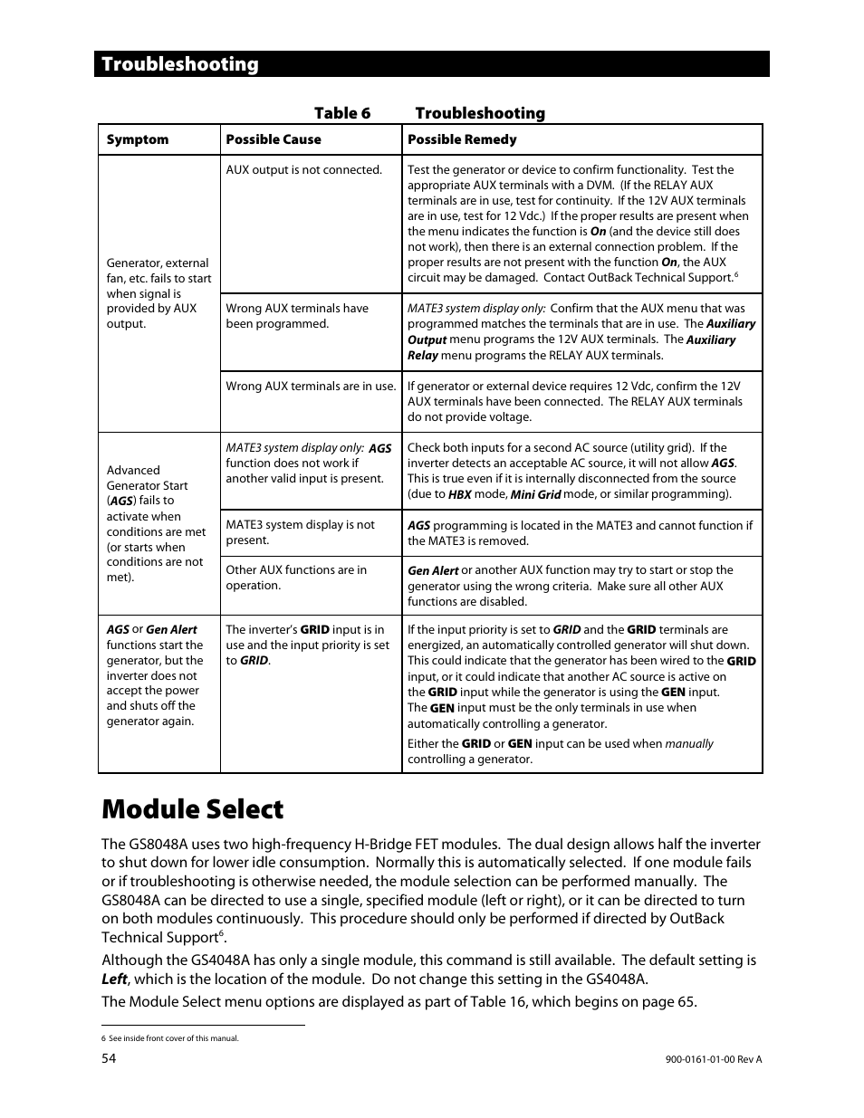 Module select, Troubleshooting, Table 6 troubleshooting | Outback Power Systems GS4048A Operators Manual User Manual | Page 56 / 76