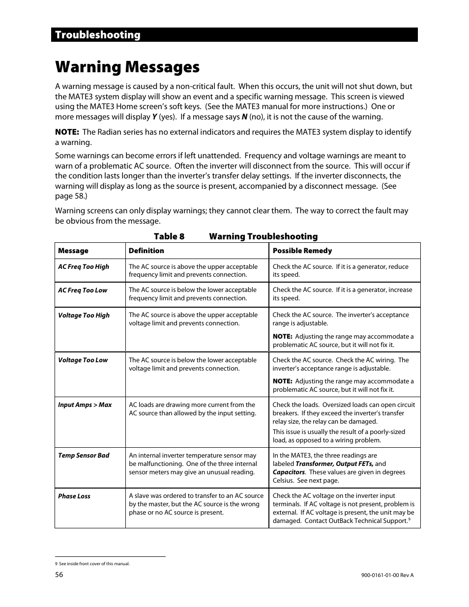 Warning messages, E 56, E 56) b | Troubleshooting | Outback Power Systems GS4048A Operators Manual User Manual | Page 58 / 76