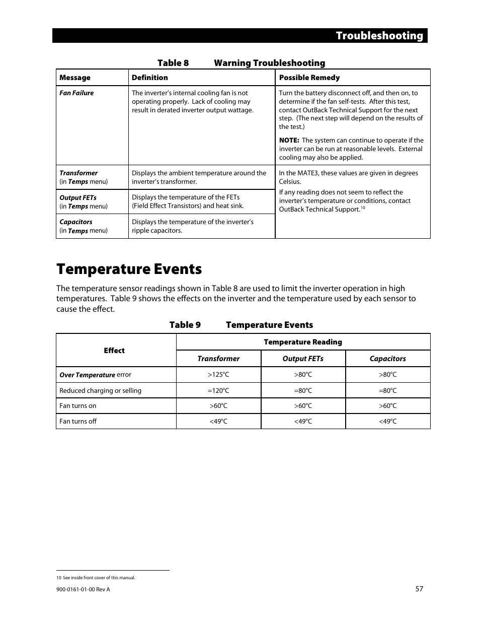 Temperature events, E 57.), E 57 | Troubleshooting | Outback Power Systems GS4048A Operators Manual User Manual | Page 59 / 76