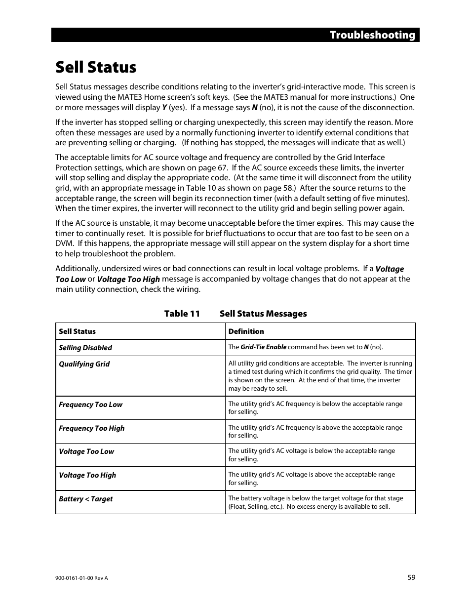 Sell status, E 59, Troubleshooting | Outback Power Systems GS4048A Operators Manual User Manual | Page 61 / 76