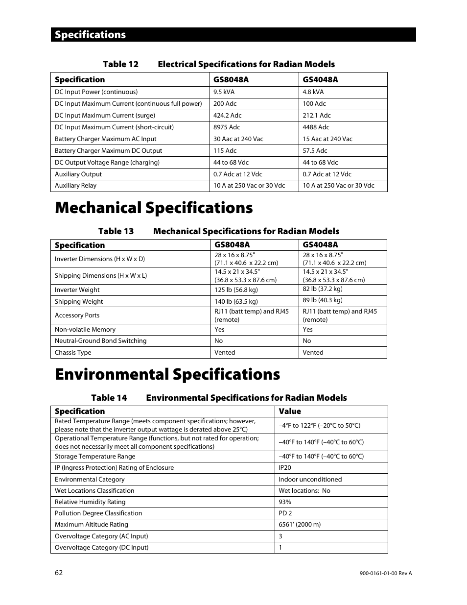 Mechanical specifications, Environmental specifications, Specifications | Outback Power Systems GS4048A Operators Manual User Manual | Page 64 / 76