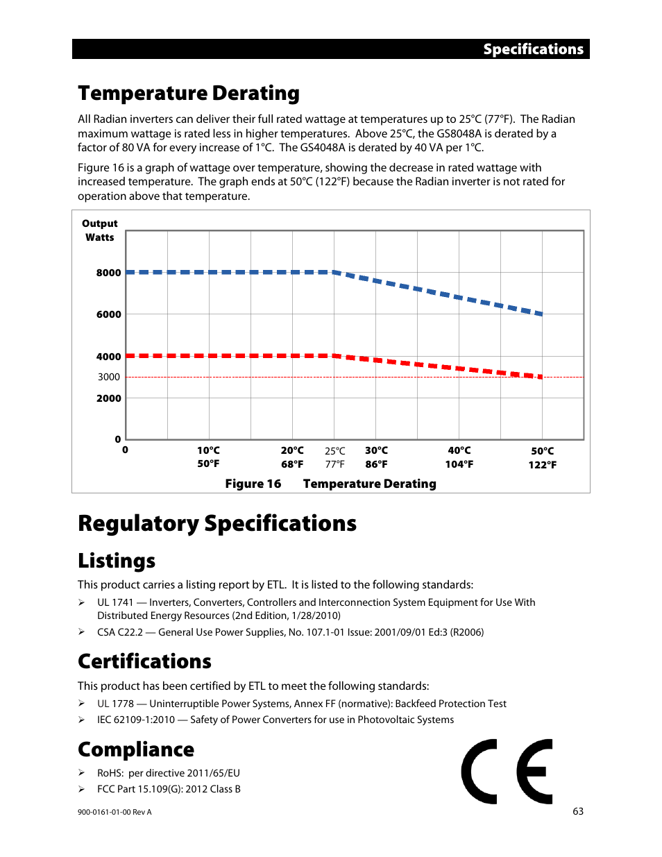 Temperature derating, Regulatory specifications, Listings | Certifications, Compliance, D 63, Specifications | Outback Power Systems GS4048A Operators Manual User Manual | Page 65 / 76