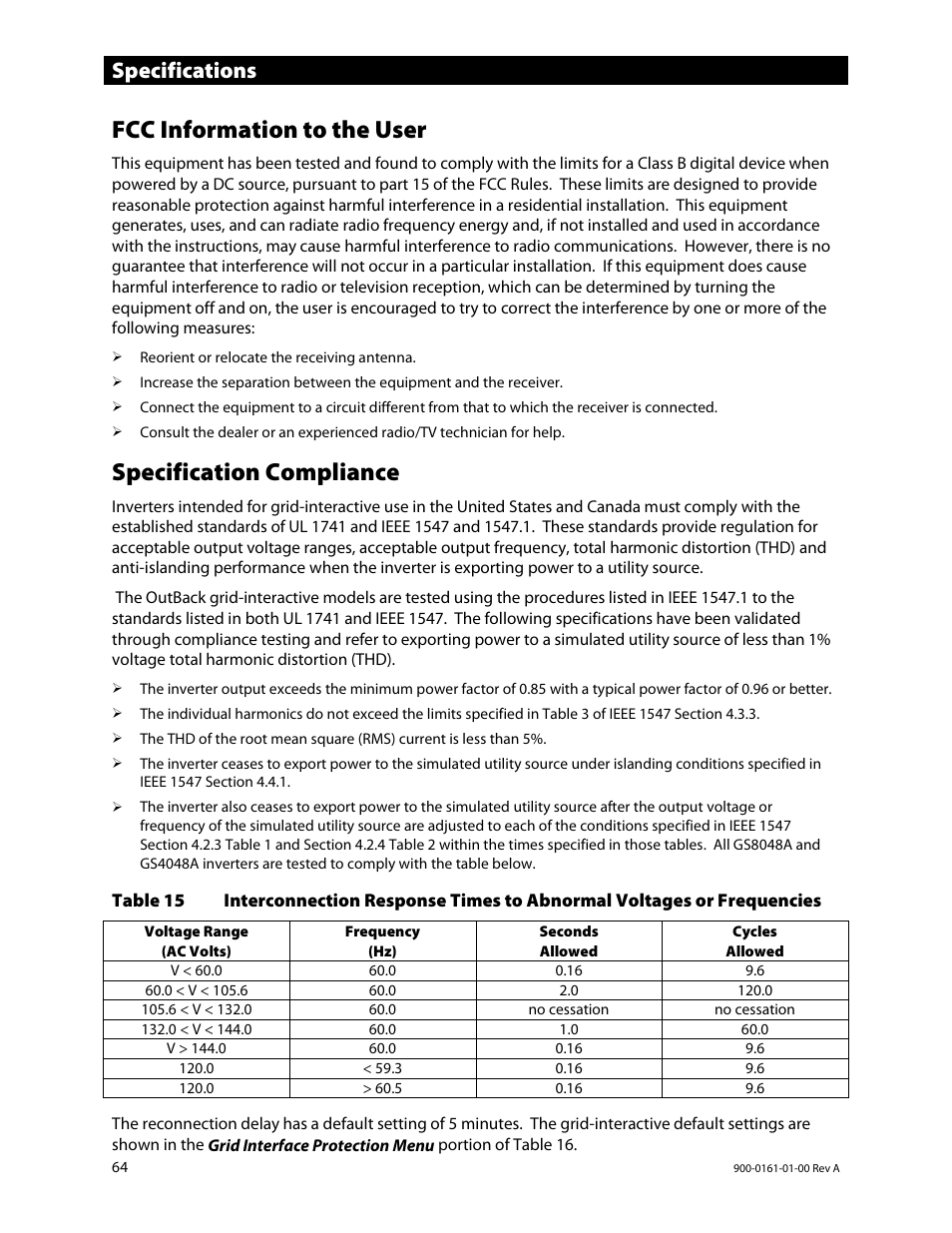 Fcc information to the user, Specification compliance, Specifications | Outback Power Systems GS4048A Operators Manual User Manual | Page 66 / 76