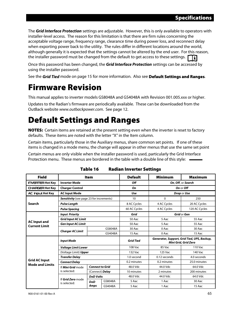 Firmware revision, Default settings and ranges, S 65 | Ee table 16, Ge 65 f, N table 16, Ee table 16 on, E 65 f, E 65, E table 16 | Outback Power Systems GS4048A Operators Manual User Manual | Page 67 / 76