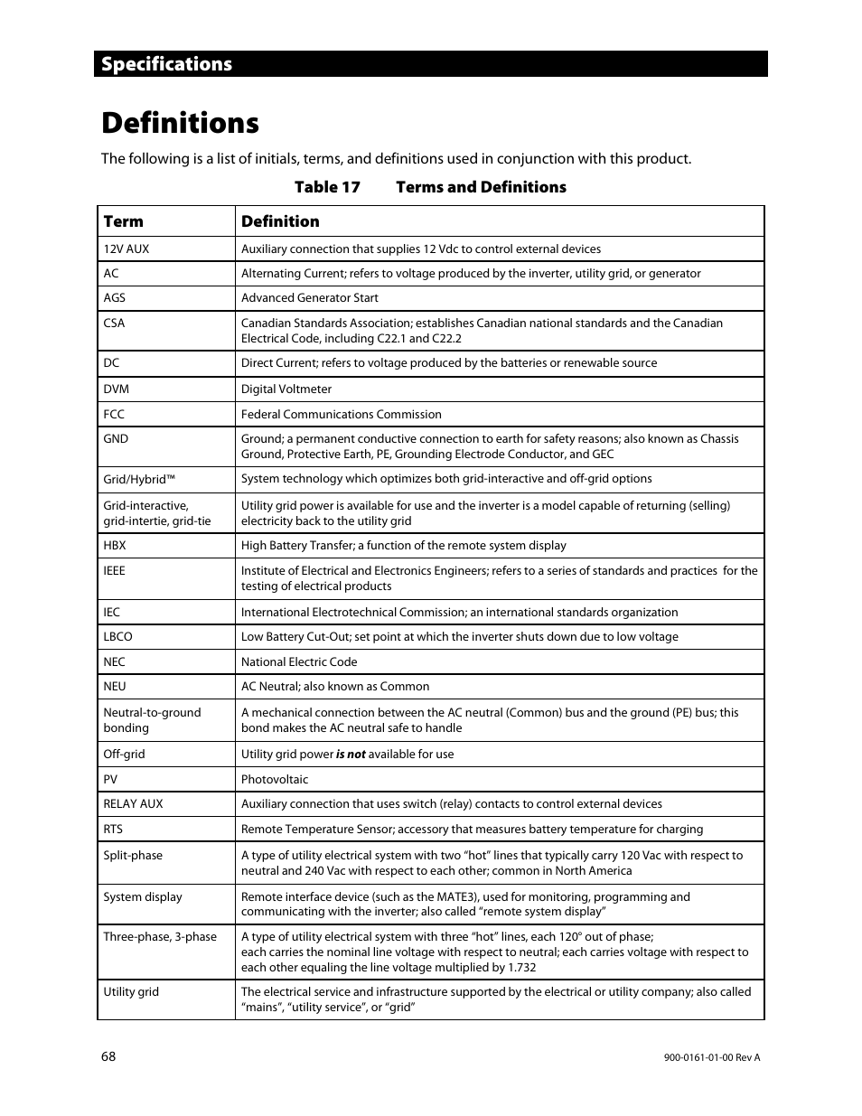 Definitions, Specifications | Outback Power Systems GS4048A Operators Manual User Manual | Page 70 / 76