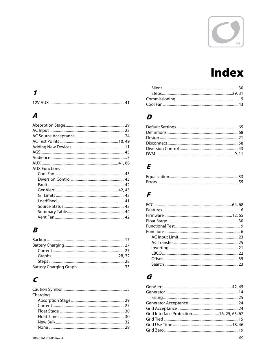 Index | Outback Power Systems GS4048A Operators Manual User Manual | Page 71 / 76