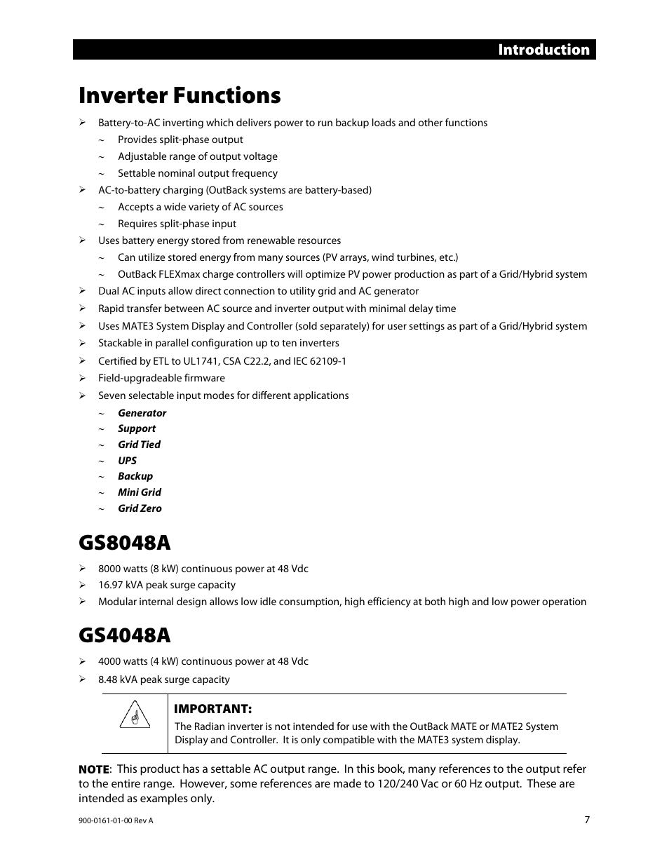 Inverter functions, Gs8048a, Gs4048a | Introduction | Outback Power Systems GS4048A Operators Manual User Manual | Page 9 / 76