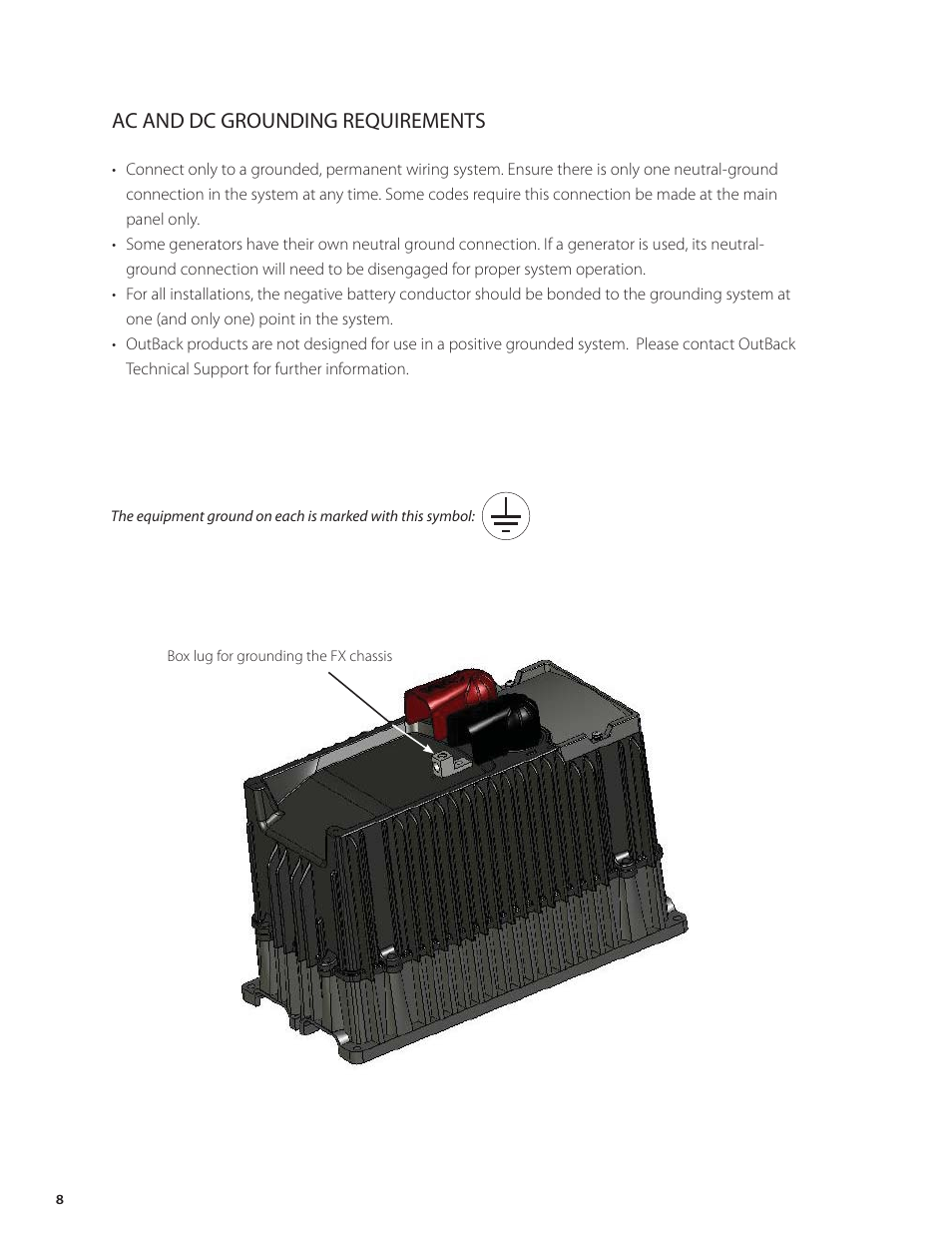 Ac and dc grounding requirements | Outback Power Systems FX Series Installation Manual User Manual | Page 10 / 60