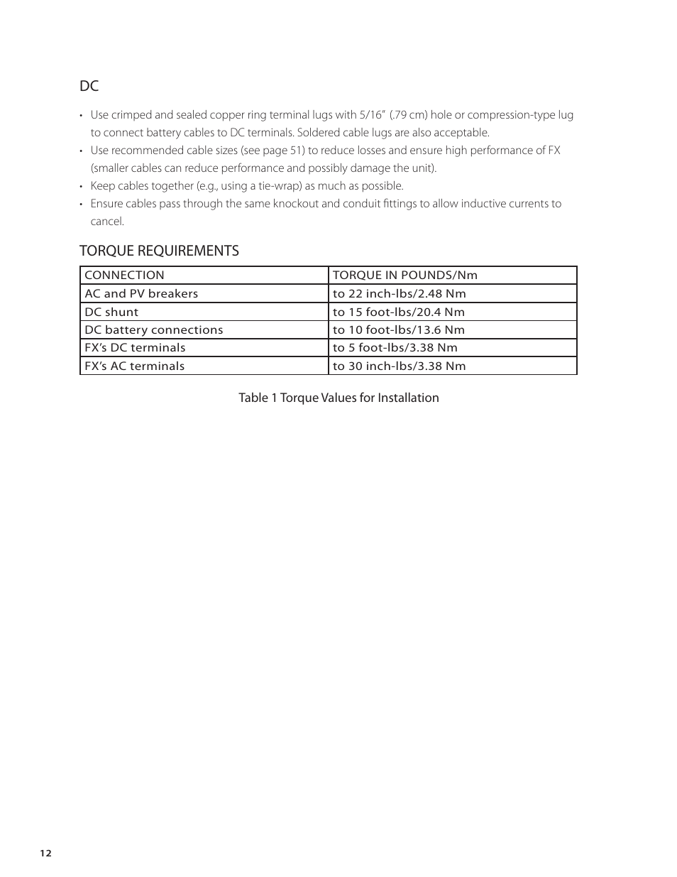 Torque requirements | Outback Power Systems FX Series Installation Manual User Manual | Page 14 / 60