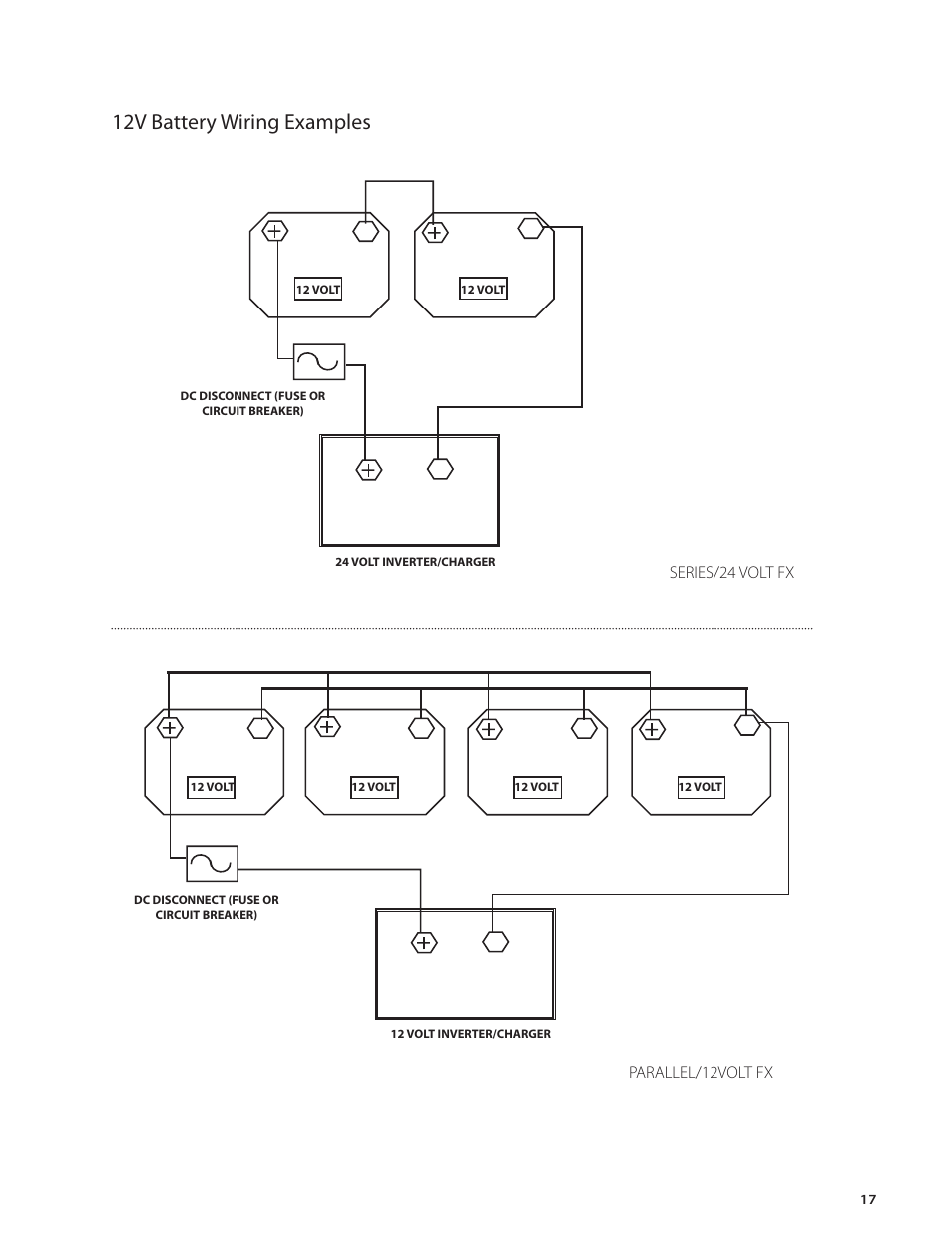 12v battery wiring examples | Outback Power Systems FX Series Installation Manual User Manual | Page 19 / 60