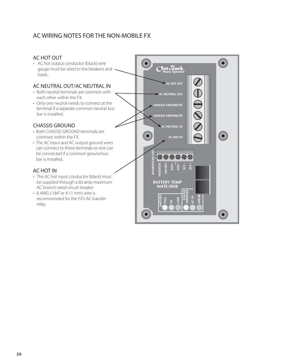 Ac hot out, Ac neutral out/ac neutral in, Chassis ground | Ac hot in | Outback Power Systems FX Series Installation Manual User Manual | Page 22 / 60