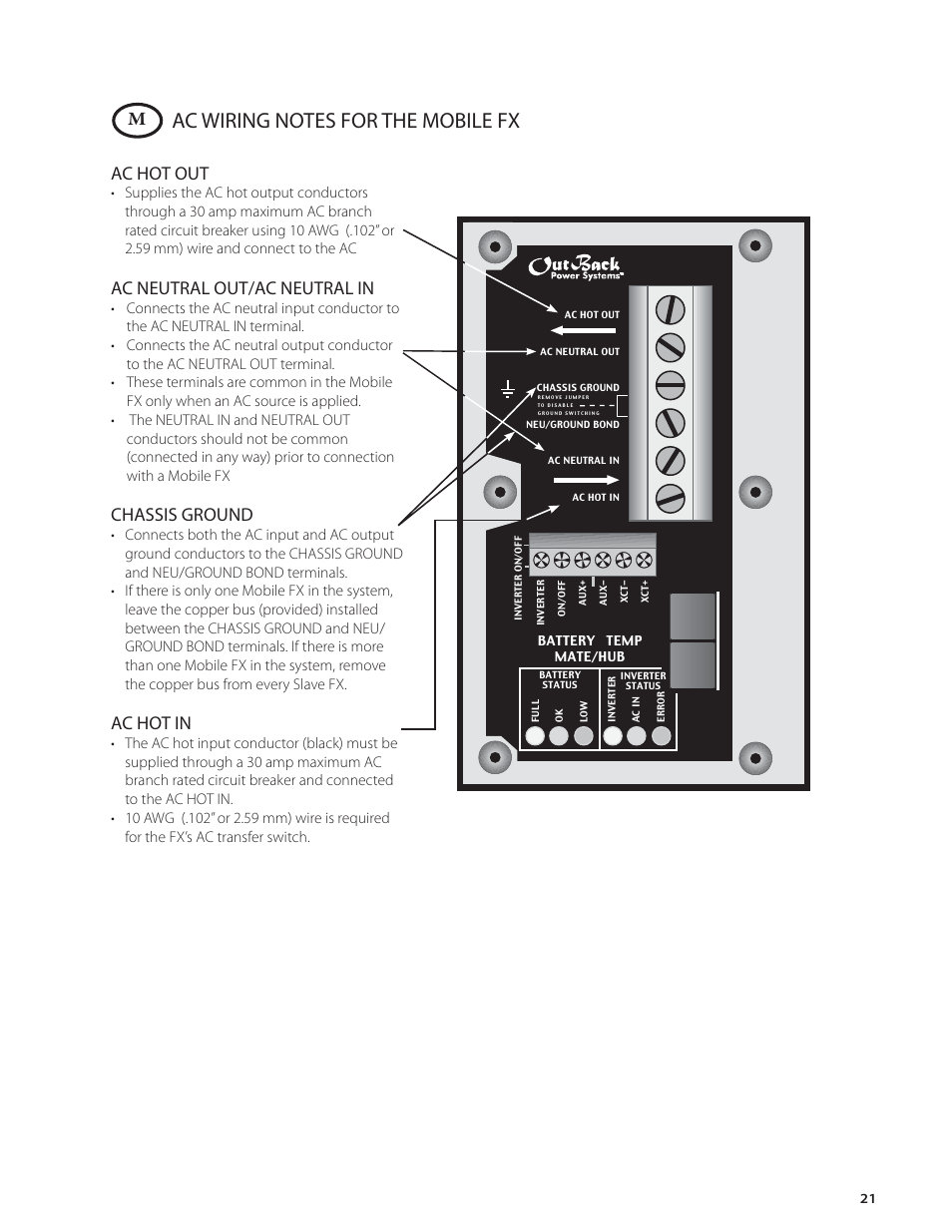 Ac hot out, Ac neutral out/ac neutral in, Chassis ground | Ac hot in | Outback Power Systems FX Series Installation Manual User Manual | Page 23 / 60