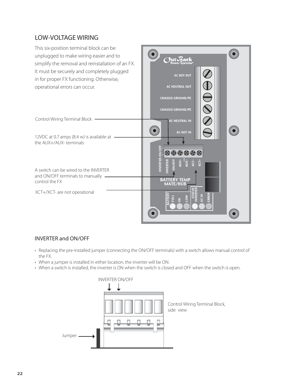 Low-voltage wiring, Inverter and on/off | Outback Power Systems FX Series Installation Manual User Manual | Page 24 / 60