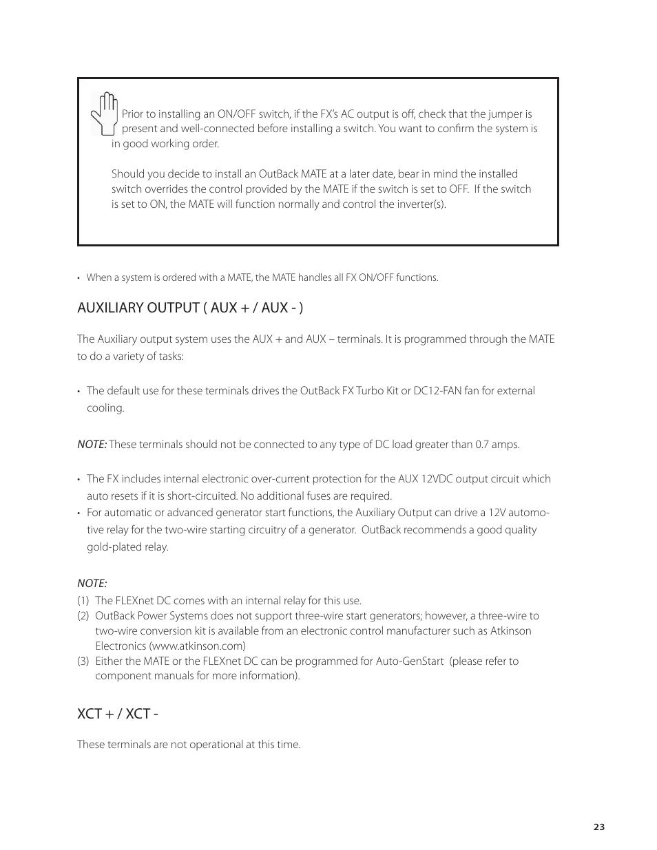 Auxiliary output ( aux + / aux - ), Xct + / xct | Outback Power Systems FX Series Installation Manual User Manual | Page 25 / 60