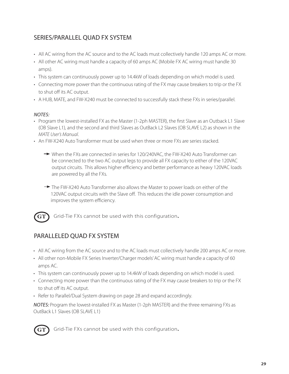 Series/parallel quad fx system, Paralleled quad fx system | Outback Power Systems FX Series Installation Manual User Manual | Page 31 / 60