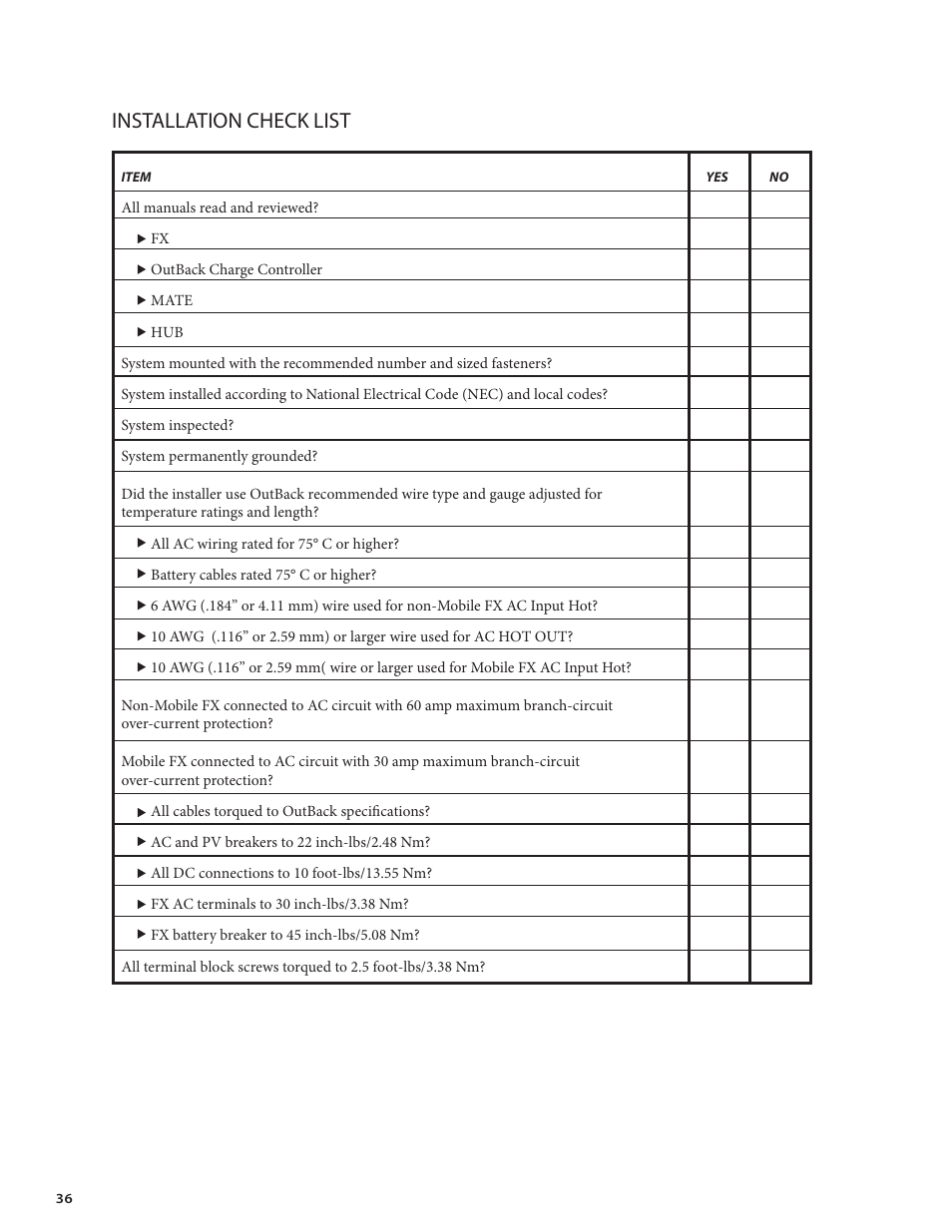 Installation check list | Outback Power Systems FX Series Installation Manual User Manual | Page 38 / 60