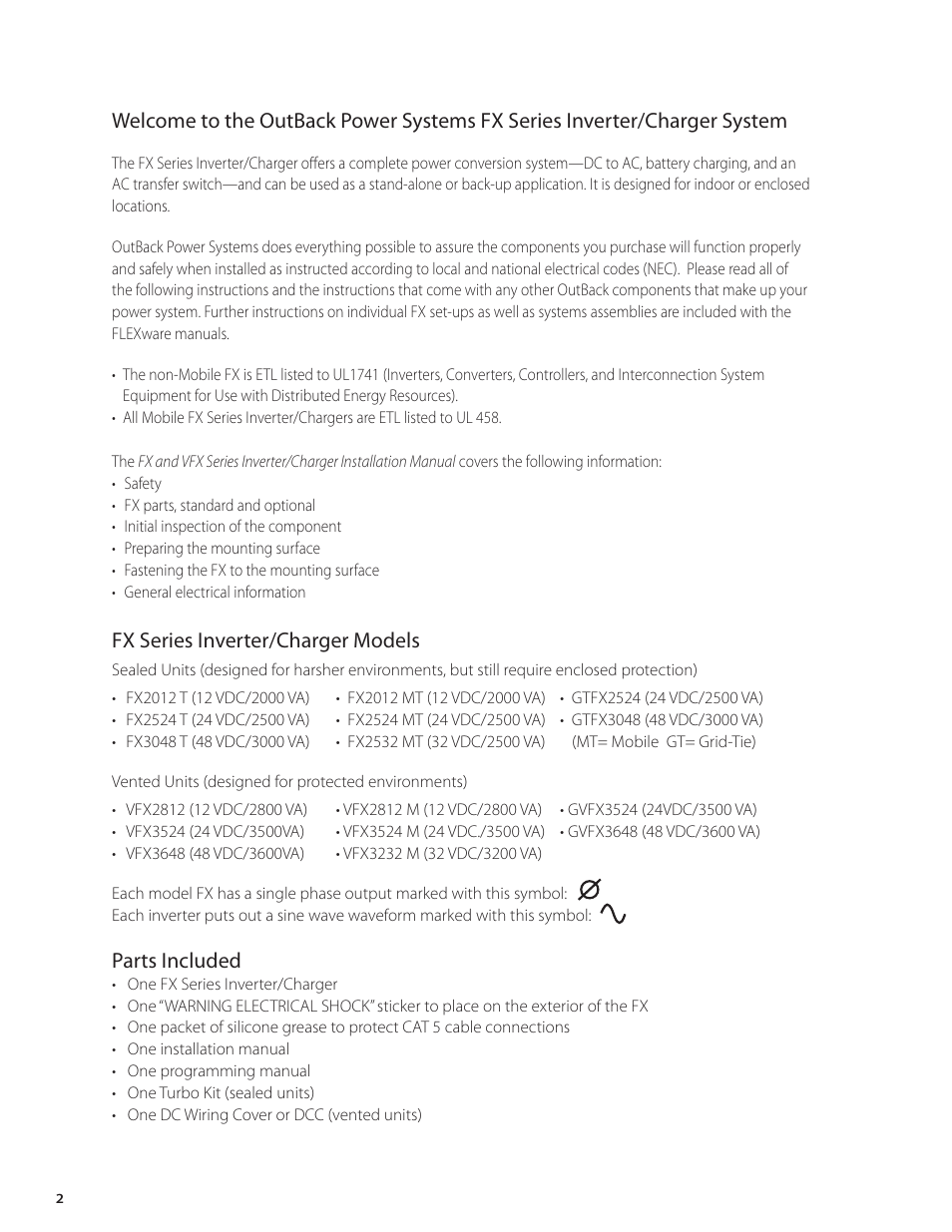 Fx series inverter/charger models, Parts included | Outback Power Systems FX Series Installation Manual User Manual | Page 4 / 60