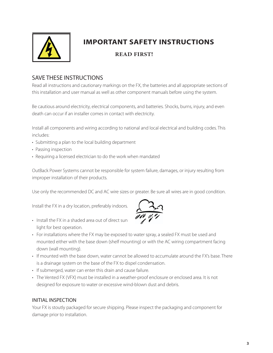 Important safety instructions, Save these instructions | Outback Power Systems FX Series Installation Manual User Manual | Page 5 / 60