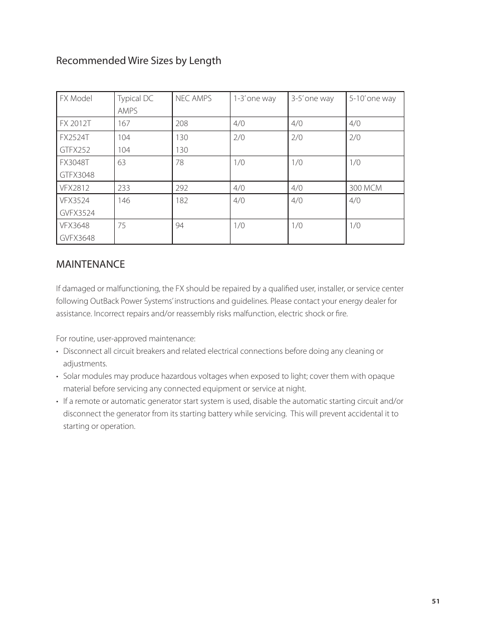 Maintenance, Recommended wire sizes by length | Outback Power Systems FX Series Installation Manual User Manual | Page 53 / 60