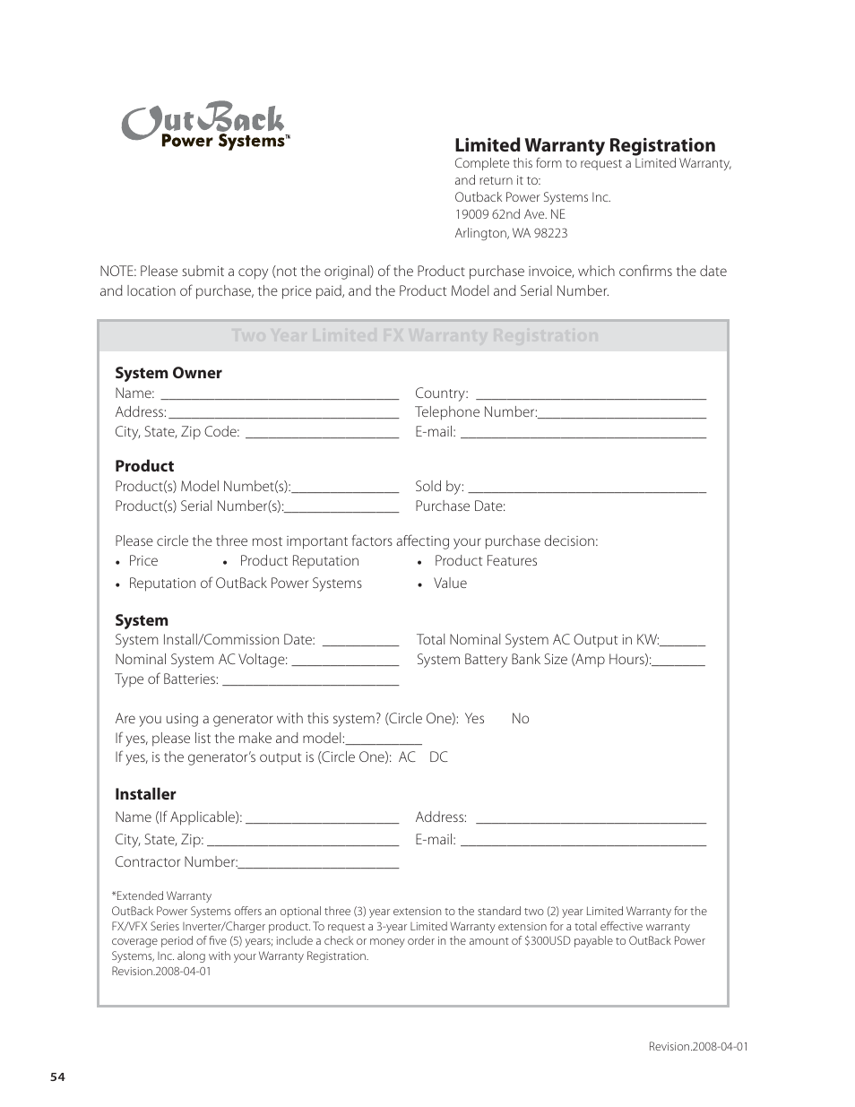 Limited warranty registration, Two year limited fx warranty registration | Outback Power Systems FX Series Installation Manual User Manual | Page 56 / 60