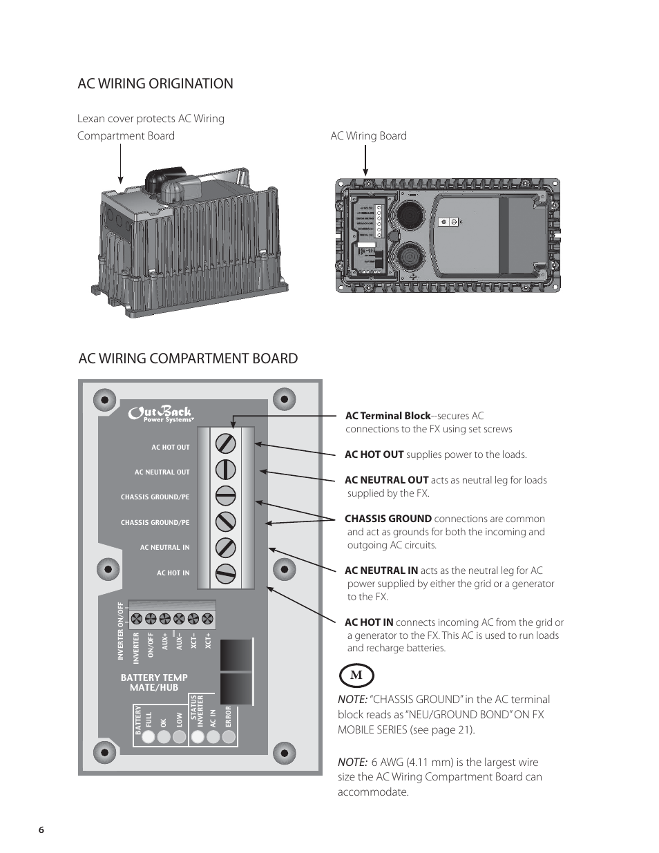 Ac wiring origination, Ac wiring compartment board, Lexan cover protects ac wiring compartment board | Ac wiring board | Outback Power Systems FX Series Installation Manual User Manual | Page 8 / 60