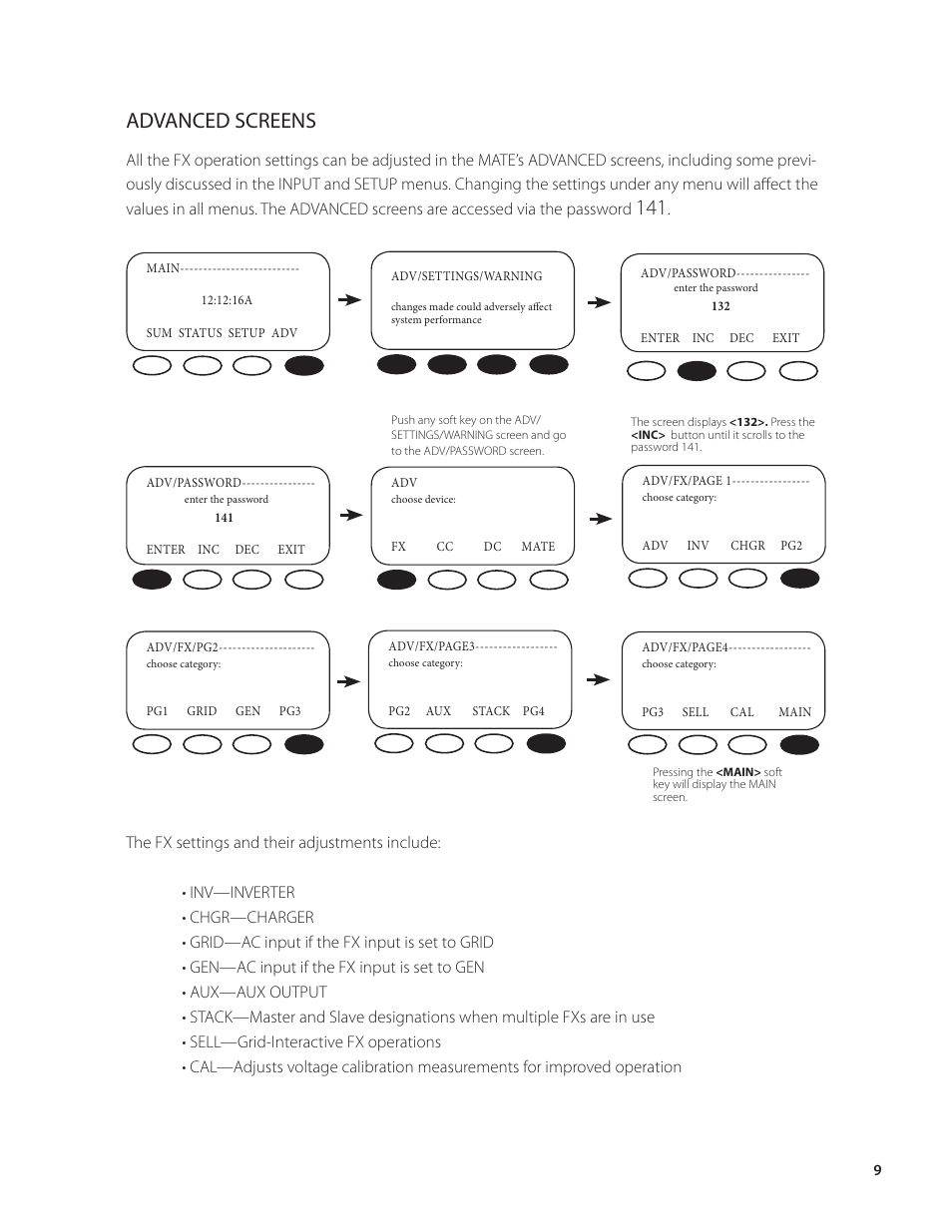 Advanced screens | Outback Power Systems VFX Series Programming Manual User Manual | Page 10 / 59