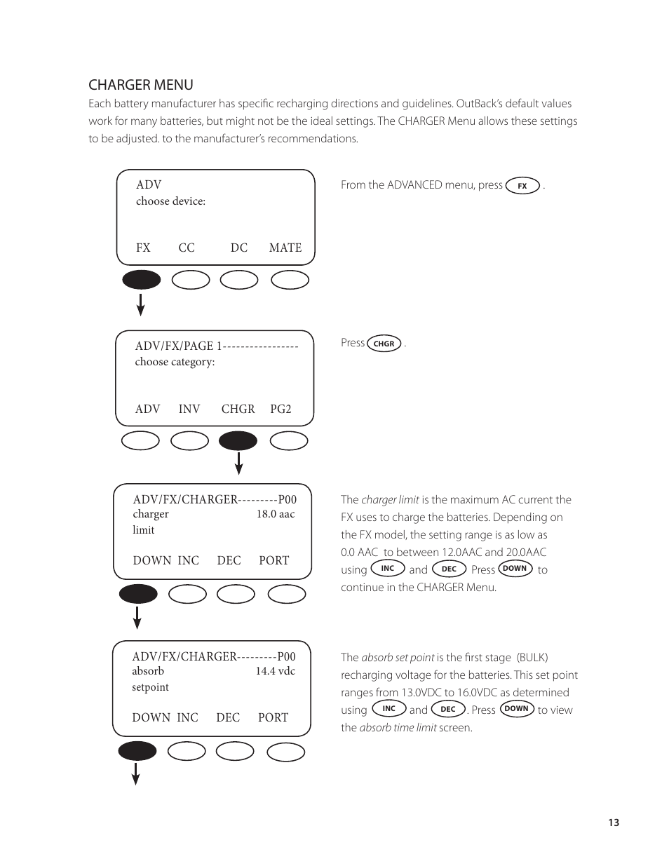 Charger menu | Outback Power Systems VFX Series Programming Manual User Manual | Page 14 / 59