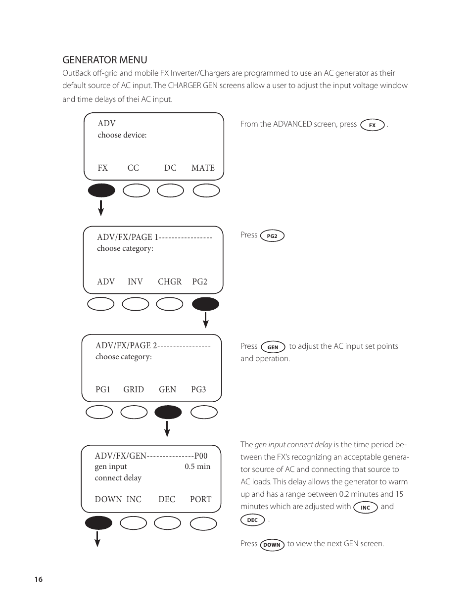 Generator menu | Outback Power Systems VFX Series Programming Manual User Manual | Page 17 / 59