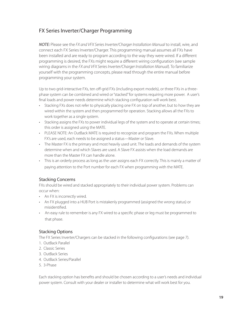 Fx series inverter/charger programming | Outback Power Systems VFX Series Programming Manual User Manual | Page 20 / 59