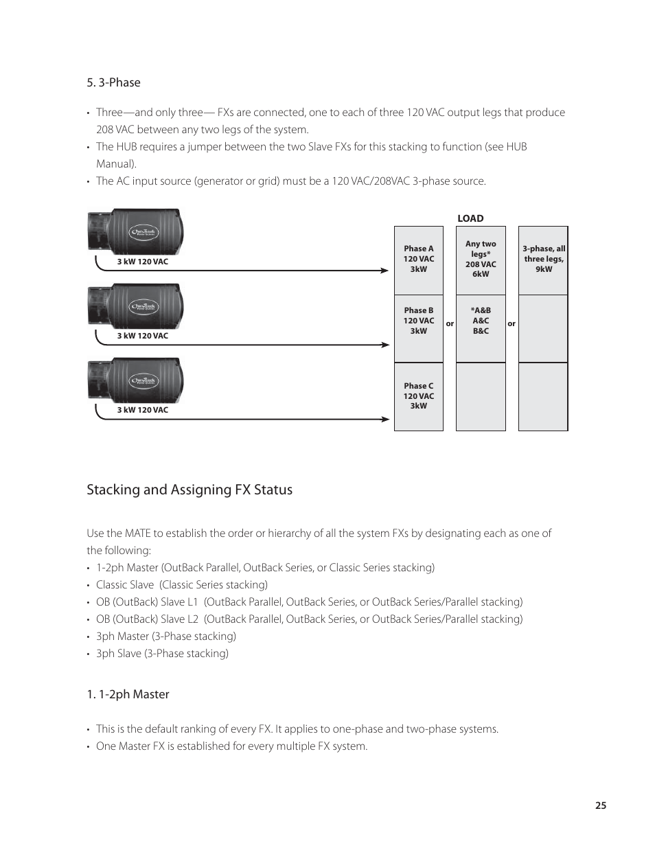Stacking and assigning fx status, 3-phase, 1-2ph master | Outback Power Systems VFX Series Programming Manual User Manual | Page 26 / 59