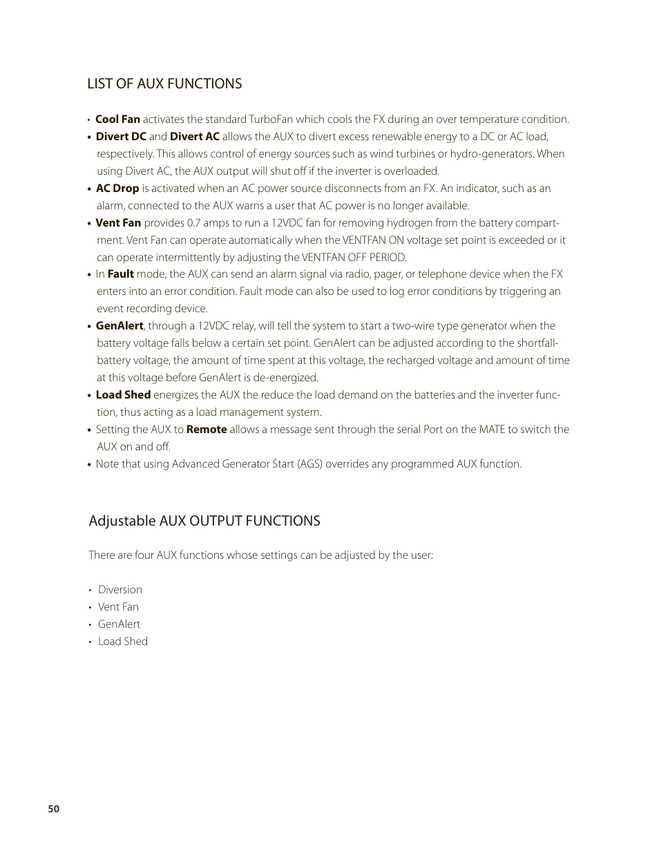 List of aux functions, Adjustable aux output functions | Outback Power Systems VFX Series Programming Manual User Manual | Page 51 / 59