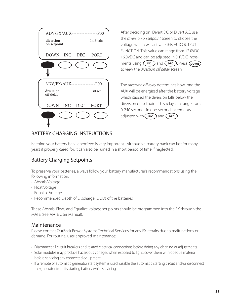 Battery charging instructions, Battery charging setpoints, Maintenance | Outback Power Systems VFX Series Programming Manual User Manual | Page 54 / 59