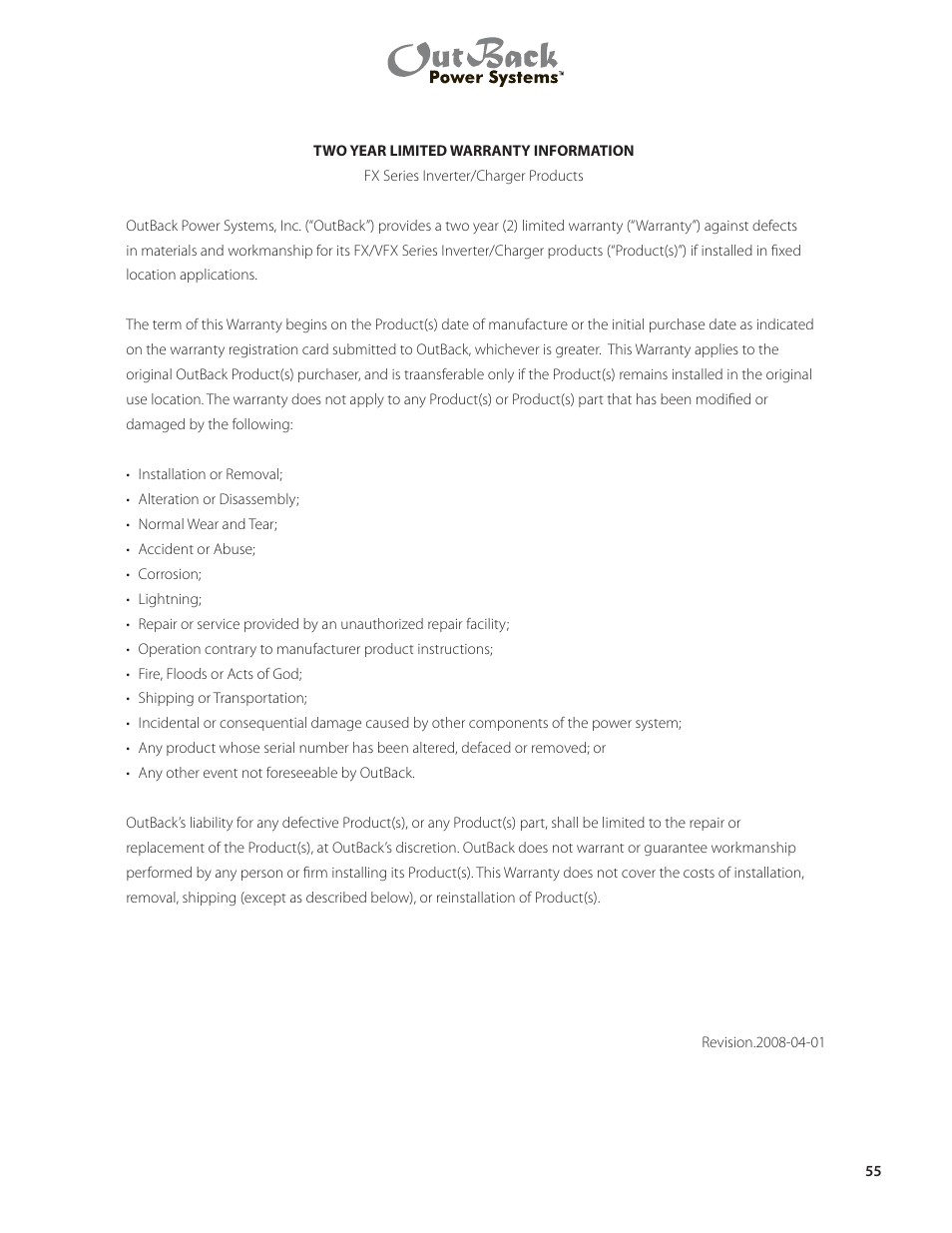 Outback Power Systems VFX Series Programming Manual User Manual | Page 56 / 59