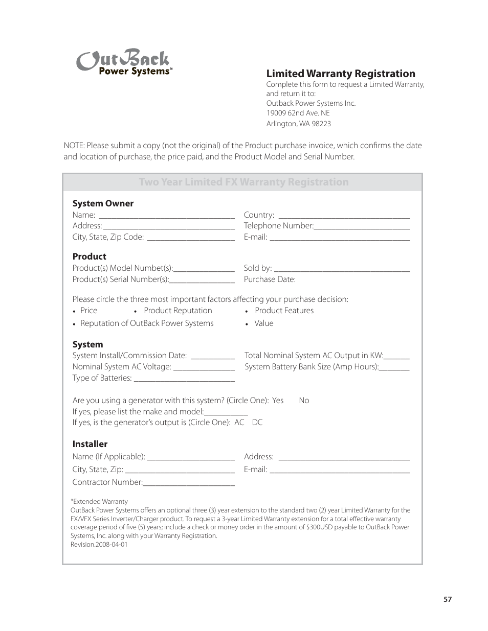 Limited warranty registration, Two year limited fx warranty registration | Outback Power Systems VFX Series Programming Manual User Manual | Page 58 / 59