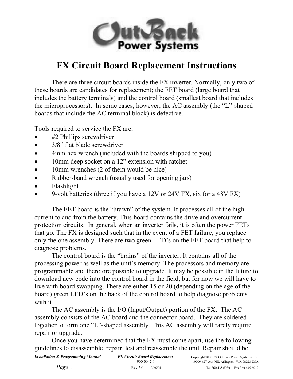 Outback Power Systems FX Series Circuit Board Replacement Instruction User Manual | 9 pages